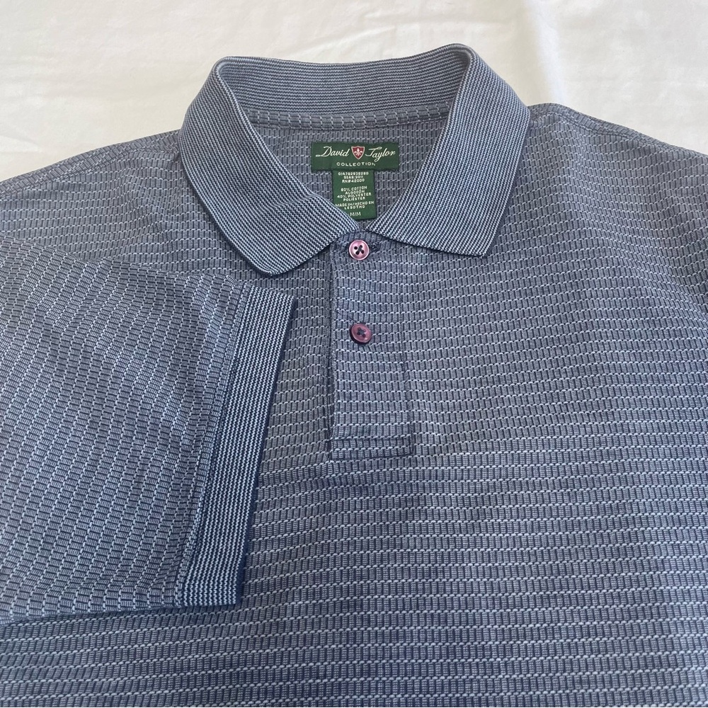David Taylor Mens Textured Grey Blue Polo Shirt Short Sleeve Medium